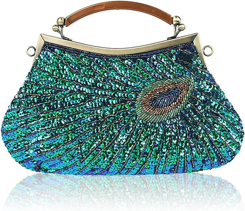 Vintage Beaded Sequin Peacock Clutch Purse Evening Bags (Blue)