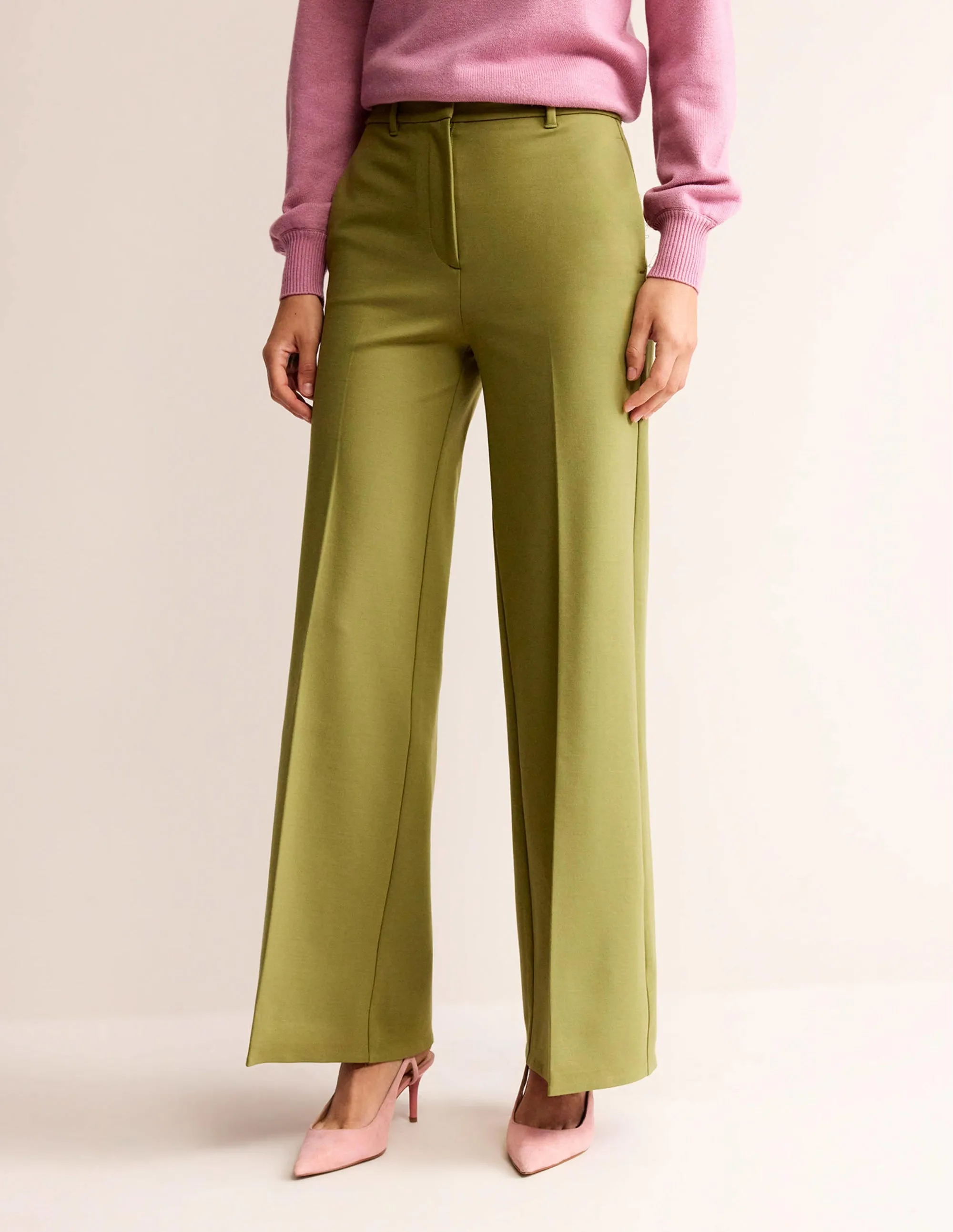 Wide Leg Ponte Trousers-Green Olive