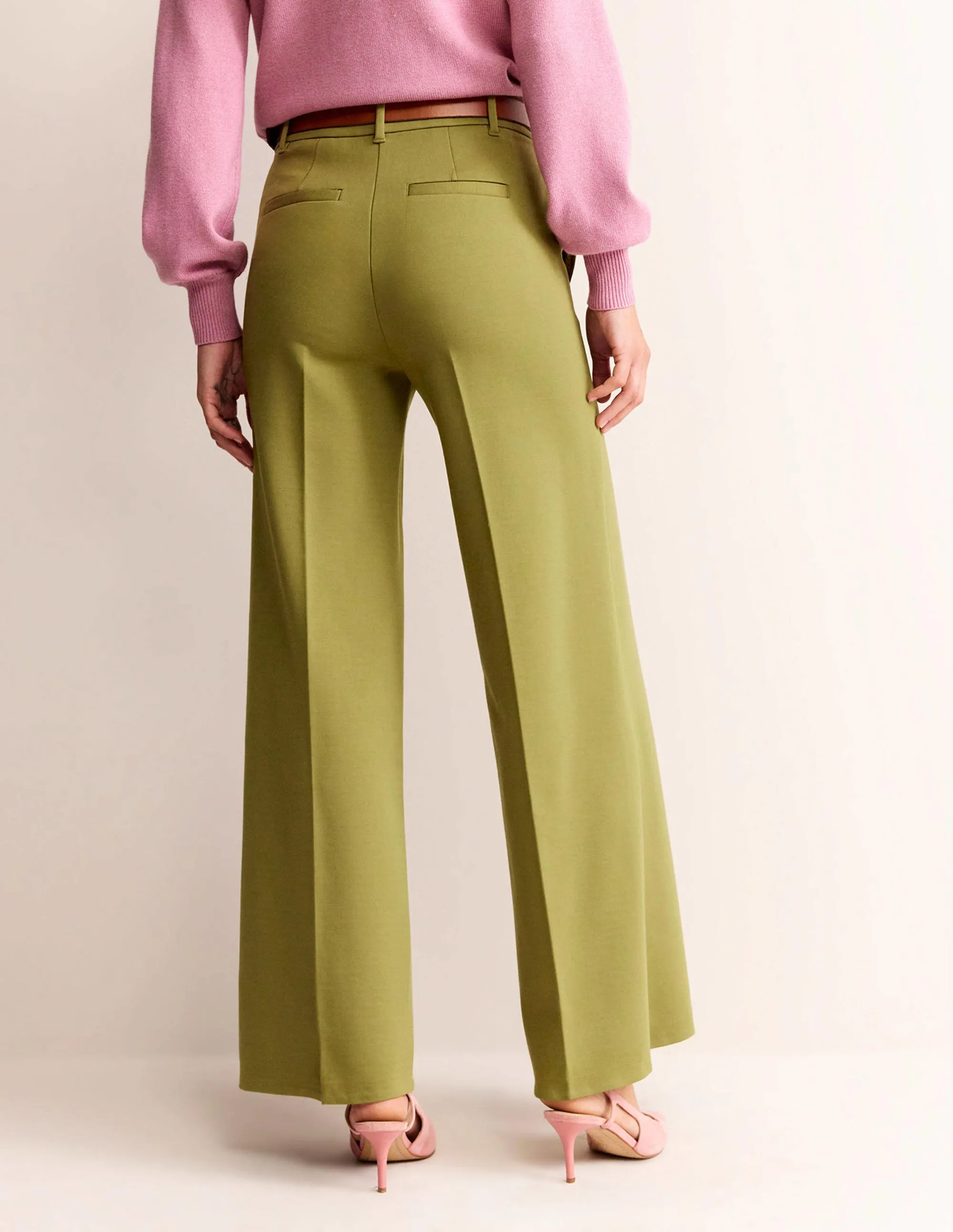 Wide Leg Ponte Trousers-Green Olive