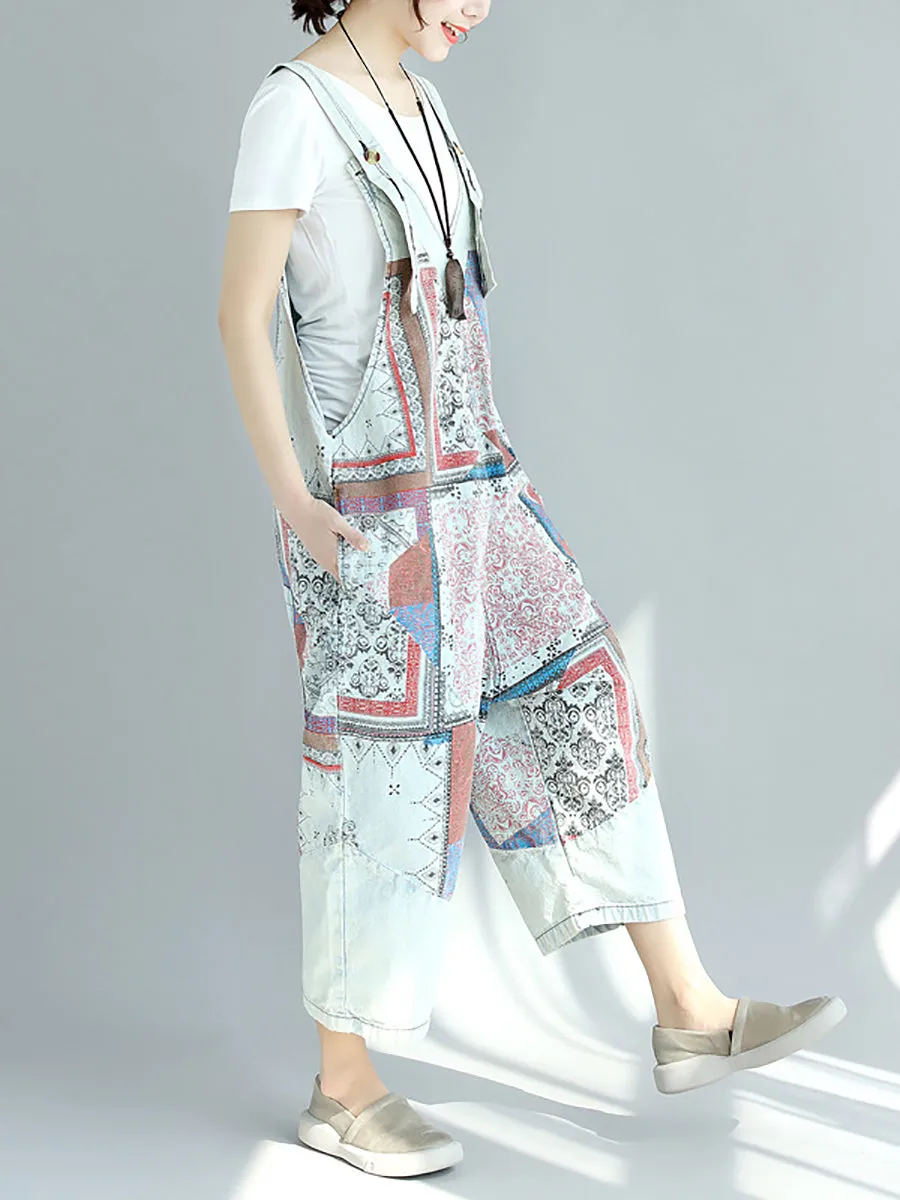 Women Summer Worn Print Pocket V-Neck Loose Denim Jumpsuits