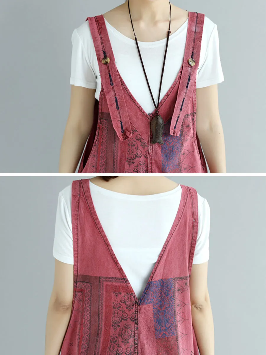 Women Summer Worn Print Pocket V-Neck Loose Denim Jumpsuits