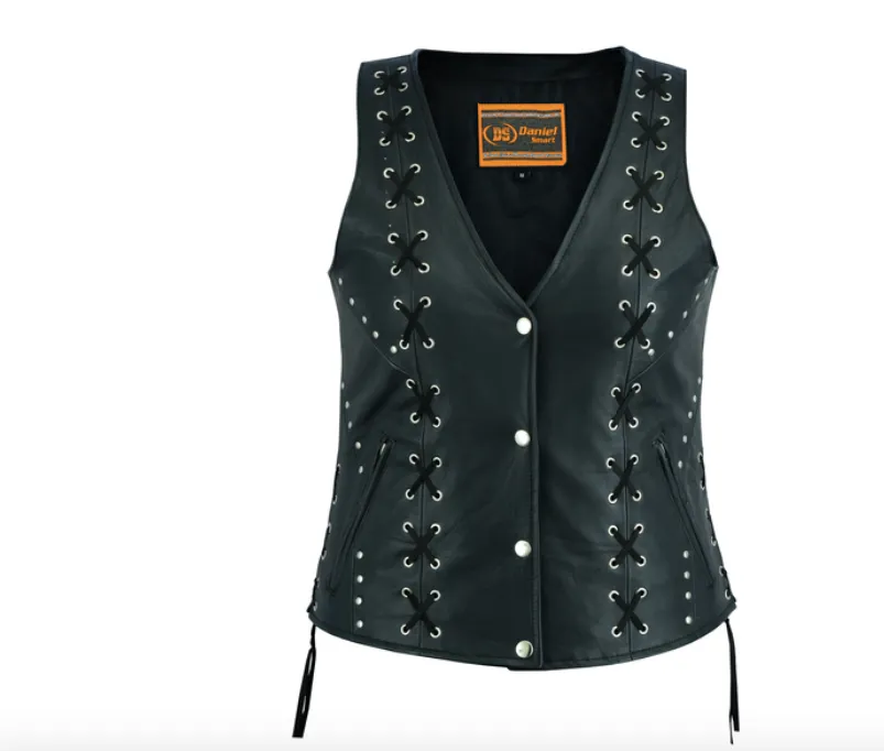 Women’s Black V Neck Motorcycle Vest with Lacing