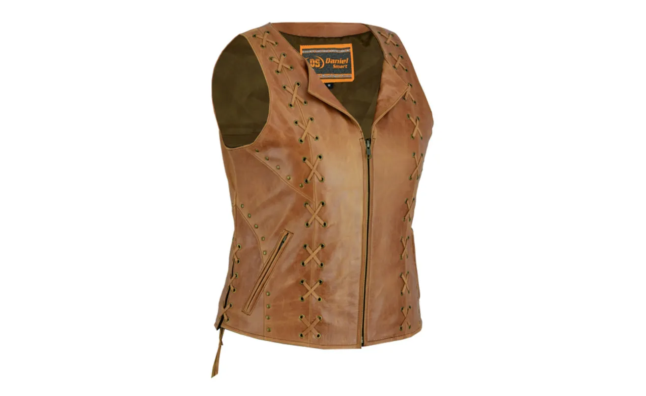 Women’s Black V Neck Motorcycle Vest with Lacing